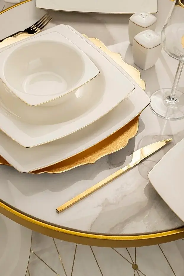 KÜTAHYA PORSELEN BONE MARE 62 PARÇA YEMEK TAKIMI ALTIN FİLELİ