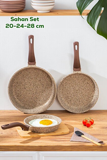 Oms 3737 Fry Pan Döküm Granit 3 Parça Tava Seti Kumbeji (20-24-28 cm)