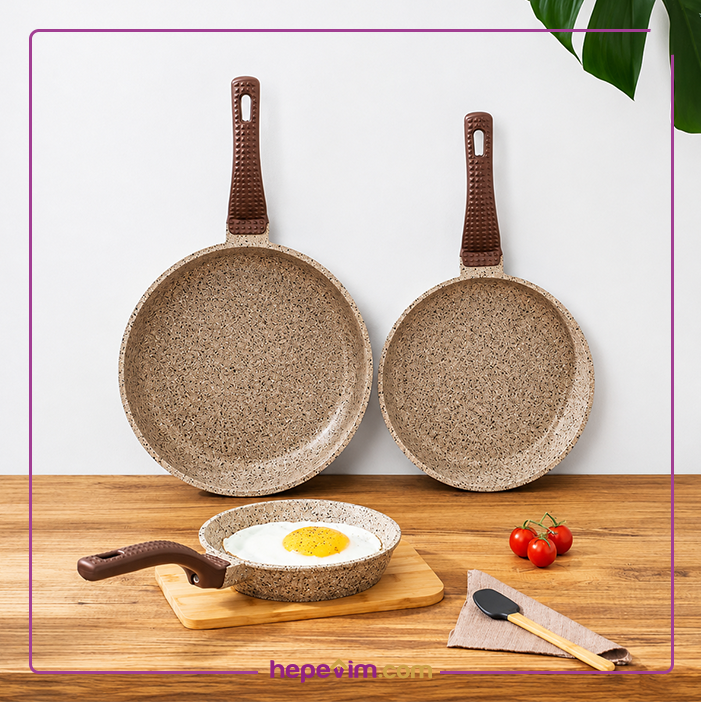 Oms 3737 Fry Pan Döküm Granit 3 Parça Tava Seti Kumbeji (20-24-28 cm)