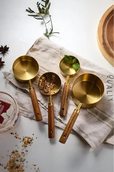 3 Adet Gold Paslanmaz Çelik Ahşap Saplı Ölçü Kaşığı Seti Ölçü Kabı 125ml 60 ml 15ml