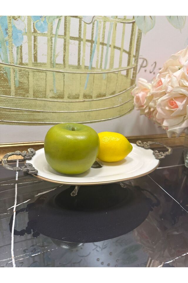 Efegil Antik Bold Yaldızlı Kulplu Porselen Kayık Ayaklı Sunumluk 30*22 cm